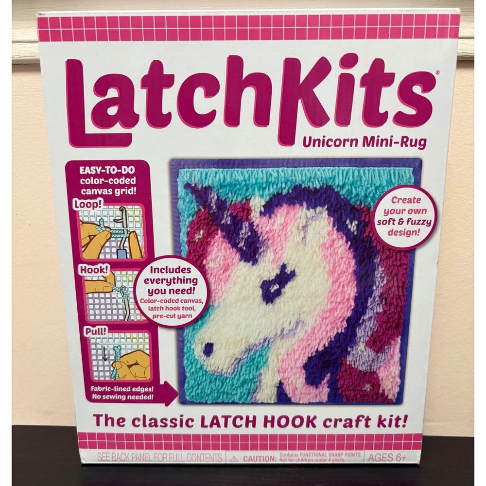 Latchkits Kids Unicorn Mini-Rug Craft Kit With Color-Coded Canvas & Pre-Cut Yarn